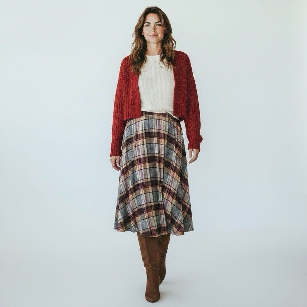 Vintage 60s 70s Wool Plaid Midi Skirt Pleated Preppy Fall Earth Tones Size 32